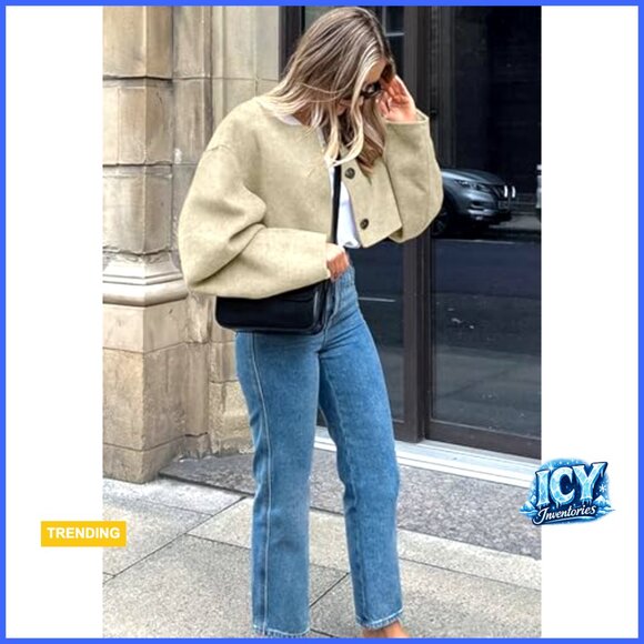 Cropped Wool Blend Pea Coat Button Down Jacket Long Sleeve - Picture 2 of 6